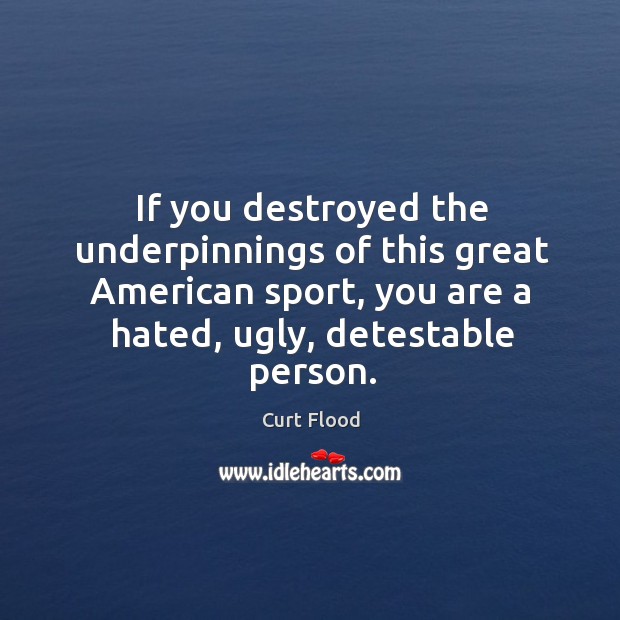 If you destroyed the underpinnings of this great american sport, you are a hated, ugly, detestable person. Curt Flood Picture Quote