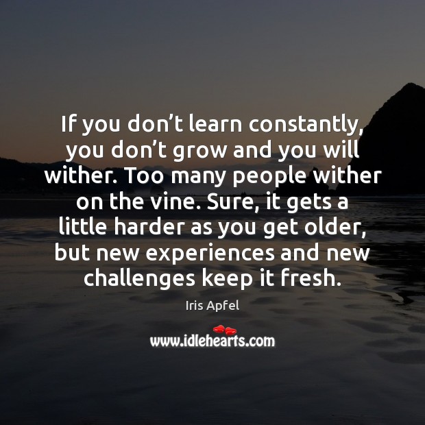 If you don’t learn constantly, you don’t grow and you Iris Apfel Picture Quote