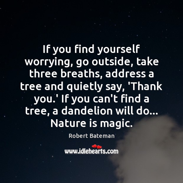 If you find yourself worrying, go outside, take three breaths, address a Robert Bateman Picture Quote
