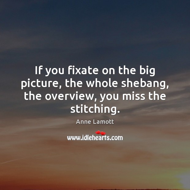 If you fixate on the big picture, the whole shebang, the overview, you miss the stitching. Anne Lamott Picture Quote