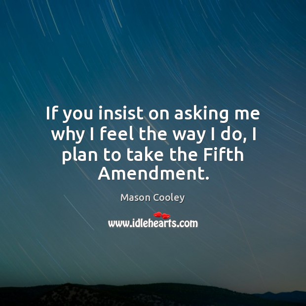 If you insist on asking me why I feel the way I do, I plan to take the Fifth Amendment. Mason Cooley Picture Quote