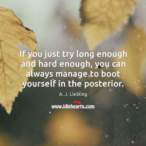 If you just try long enough and hard enough, you can always manage to boot yourself in the posterior. A. J. Liebling Picture Quote