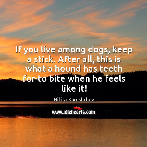 If you live among dogs, keep a stick. After all, this is what a hound has teeth for-to bite when he feels like it! Nikita Khrushchev Picture Quote