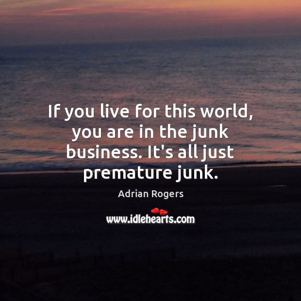 If you live for this world, you are in the junk business. It’s all just premature junk. Adrian Rogers Picture Quote