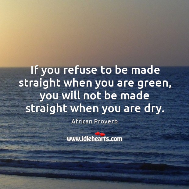 If you refuse to be made straight when you are green, you will not be made straight when you are dry. African Proverbs Image