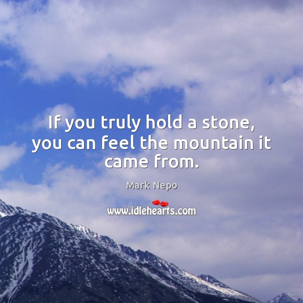 If you truly hold a stone, you can feel the mountain it came from. Mark Nepo Picture Quote