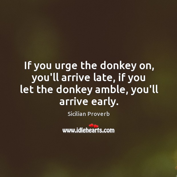 If you urge the donkey on, you’ll arrive late, if you let the donkey amble, you’ll arrive early. Sicilian Proverbs Image