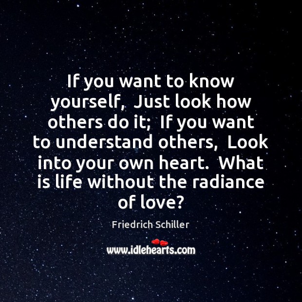 If you want to know yourself,  Just look how others do it; Friedrich Schiller Picture Quote