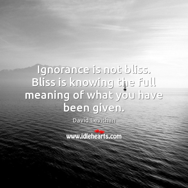 Ignorance is not bliss. Bliss is knowing the full meaning of what you have been given. David Levithan Picture Quote
