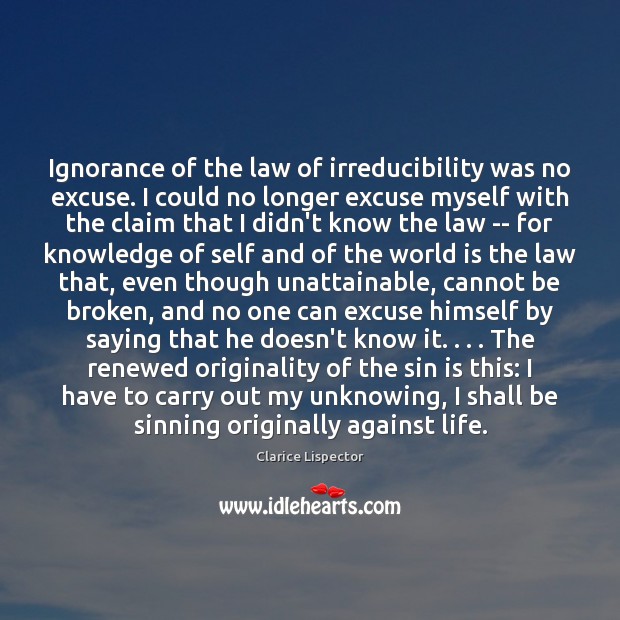 Ignorance of the law of irreducibility was no excuse. I could no Clarice Lispector Picture Quote