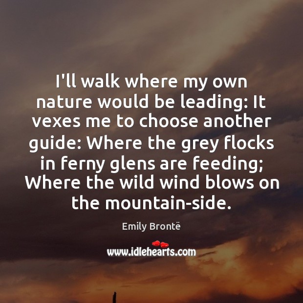 I’ll walk where my own nature would be leading: It vexes me Emily Brontë Picture Quote