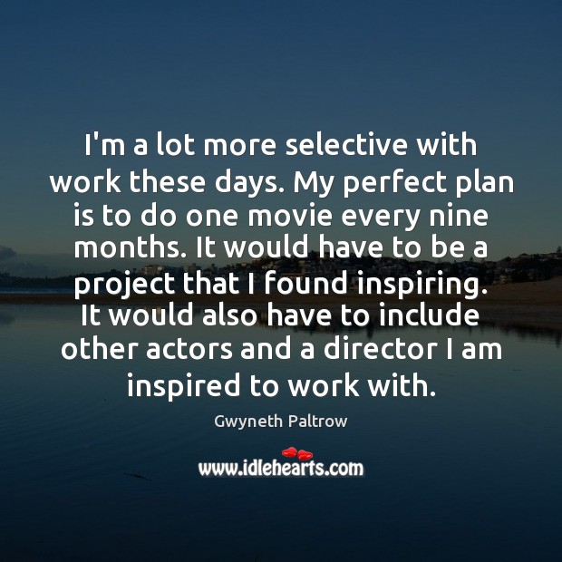 I’m a lot more selective with work these days. My perfect plan Gwyneth Paltrow Picture Quote