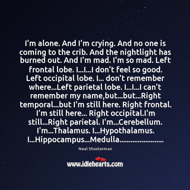 I’m alone. And I’m crying. And no one is coming to the Neal Shusterman Picture Quote