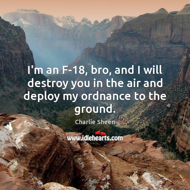 I’m an F-18, bro, and I will destroy you in the air and deploy my ordnance to the ground. Charlie Sheen Picture Quote