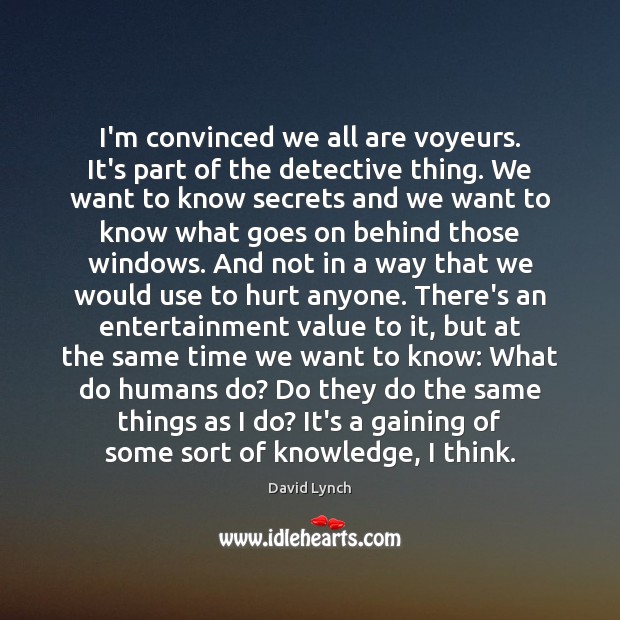 I’m convinced we all are voyeurs. It’s part of the detective thing. David Lynch Picture Quote