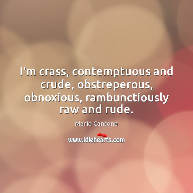 I’m crass, contemptuous and crude, obstreperous, obnoxious, rambunctiously raw and rude. Mario Cantone Picture Quote