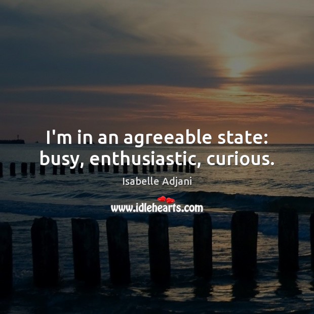 I’m in an agreeable state: busy, enthusiastic, curious. Isabelle Adjani Picture Quote