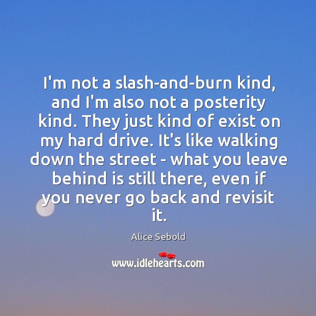 I’m not a slash-and-burn kind, and I’m also not a posterity kind. Alice Sebold Picture Quote