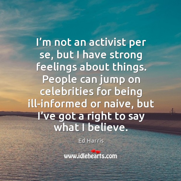 I’m not an activist per se, but I have strong feelings about things. Ed Harris Picture Quote
