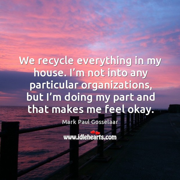 I’m not into any particular organizations, but I’m doing my part and that makes me feel okay. Mark Paul Gosselaar Picture Quote