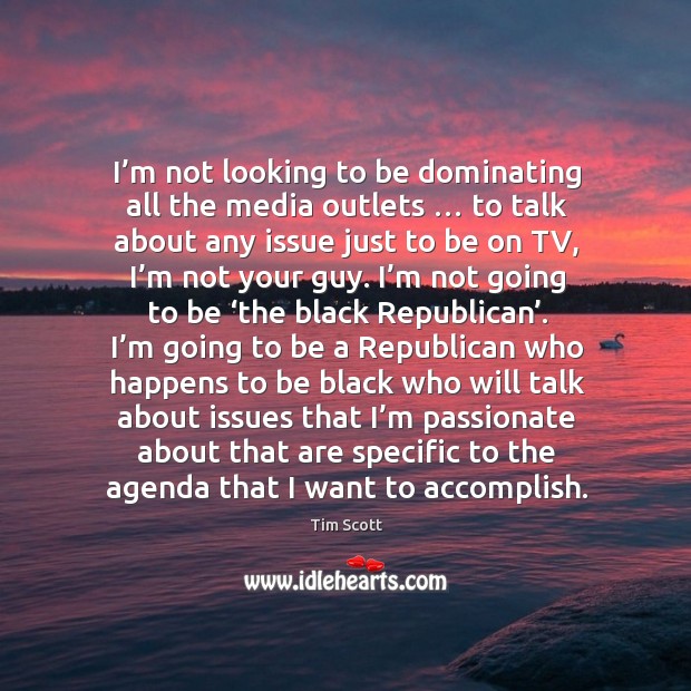 I’m not looking to be dominating all the media outlets … to talk about any issue just to be on tv, I’m not your guy. Tim Scott Picture Quote
