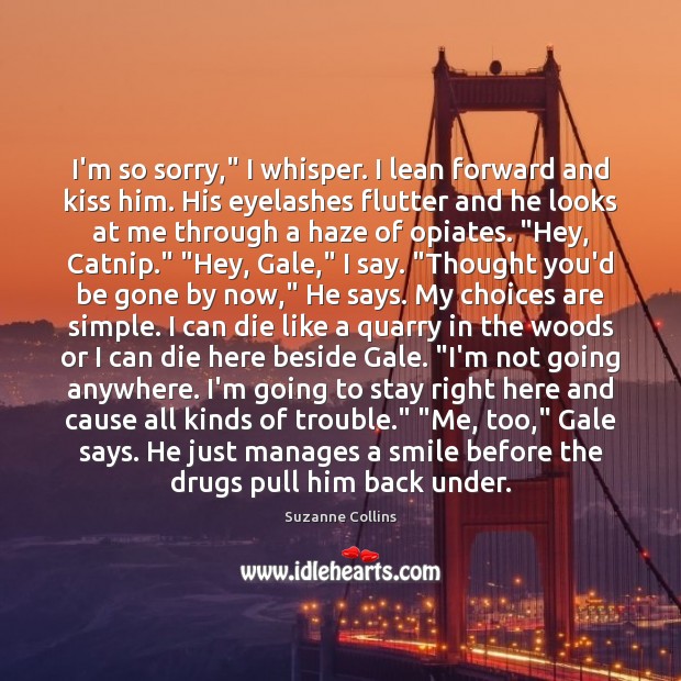 I’m so sorry,” I whisper. I lean forward and kiss him. His Suzanne Collins Picture Quote