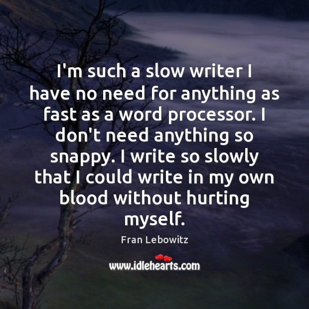I’m such a slow writer I have no need for anything as Fran Lebowitz Picture Quote