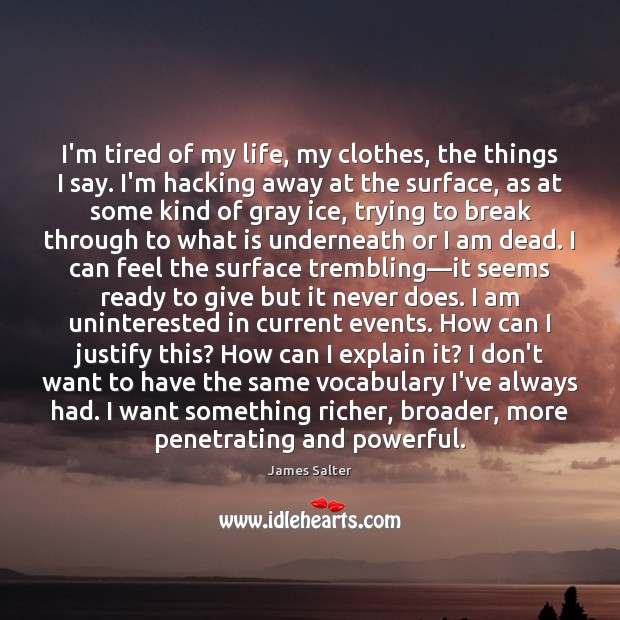 I’m tired of my life, my clothes, the things I say. I’m James Salter Picture Quote