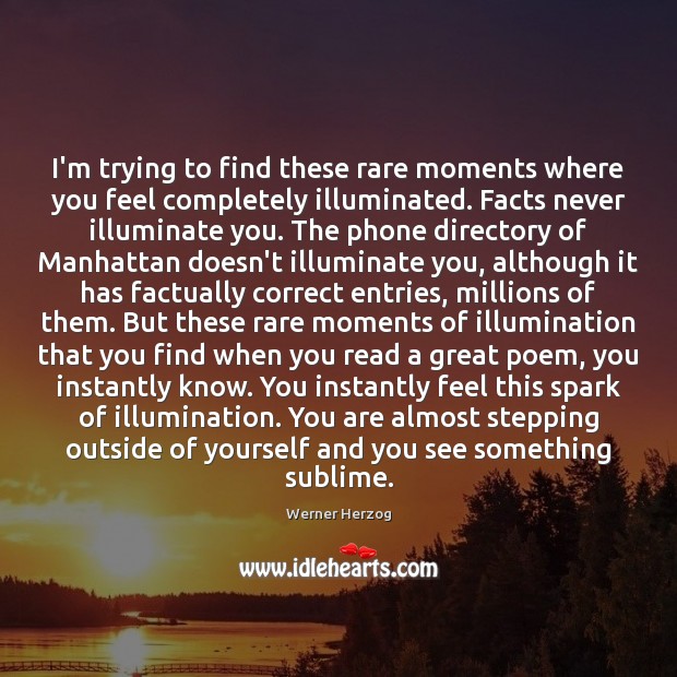 I’m trying to find these rare moments where you feel completely illuminated. Werner Herzog Picture Quote