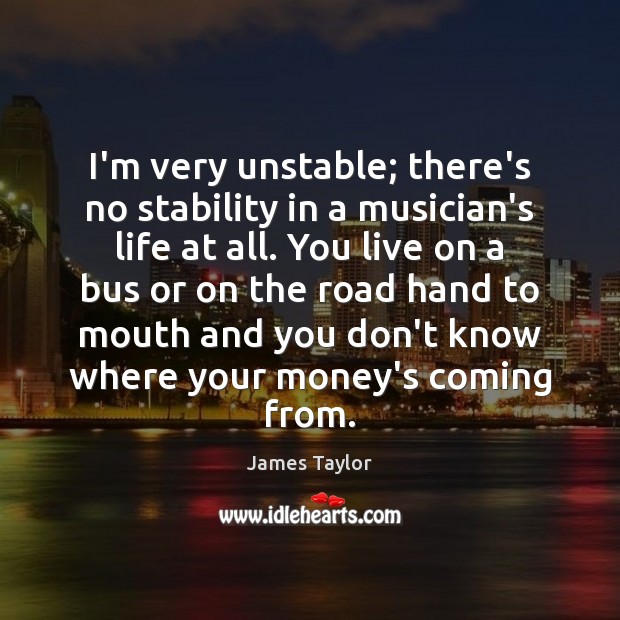 I’m very unstable; there’s no stability in a musician’s life at all. James Taylor Picture Quote