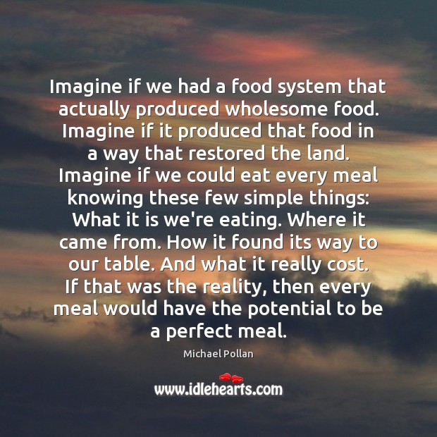 Imagine if we had a food system that actually produced wholesome food. Michael Pollan Picture Quote