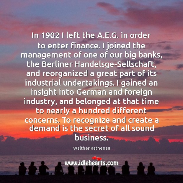 In 1902 I left the A.E.G. in order to enter finance. Finance Quotes Image