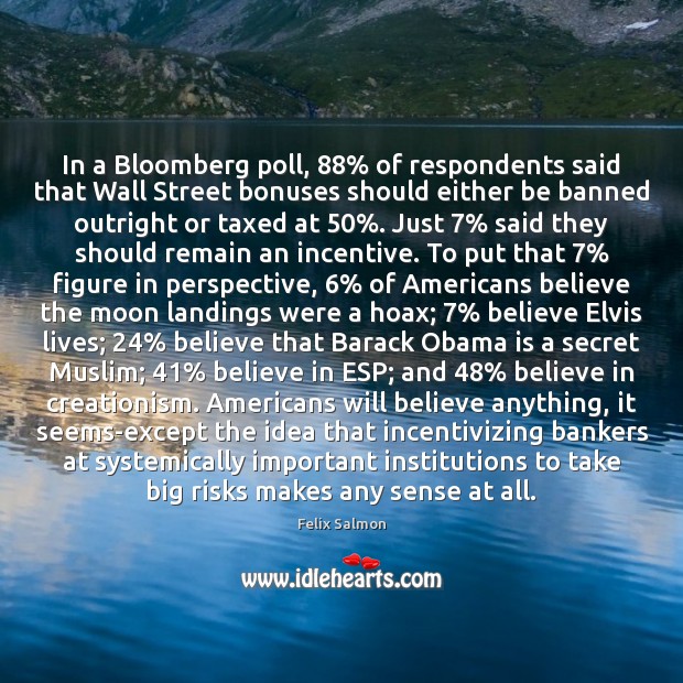 In a Bloomberg poll, 88% of respondents said that Wall Street bonuses should Felix Salmon Picture Quote