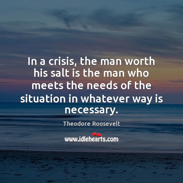 In a crisis, the man worth his salt is the man who Theodore Roosevelt Picture Quote