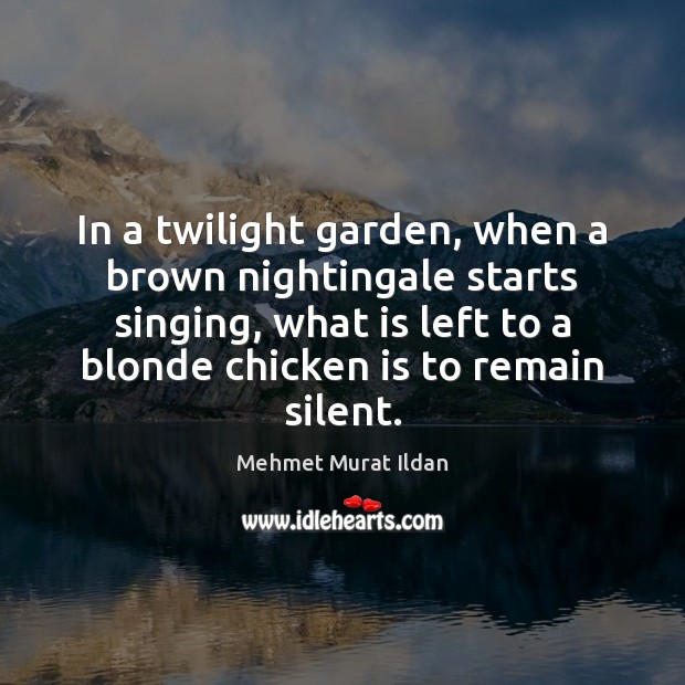 In a twilight garden, when a brown nightingale starts singing, what is Mehmet Murat Ildan Picture Quote