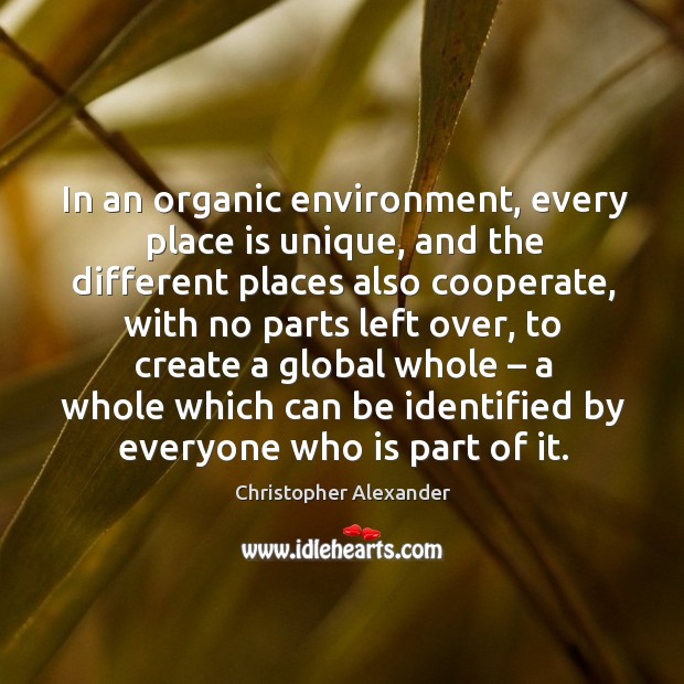 In an organic environment, every place is unique, and the different places also cooperate Christopher Alexander Picture Quote