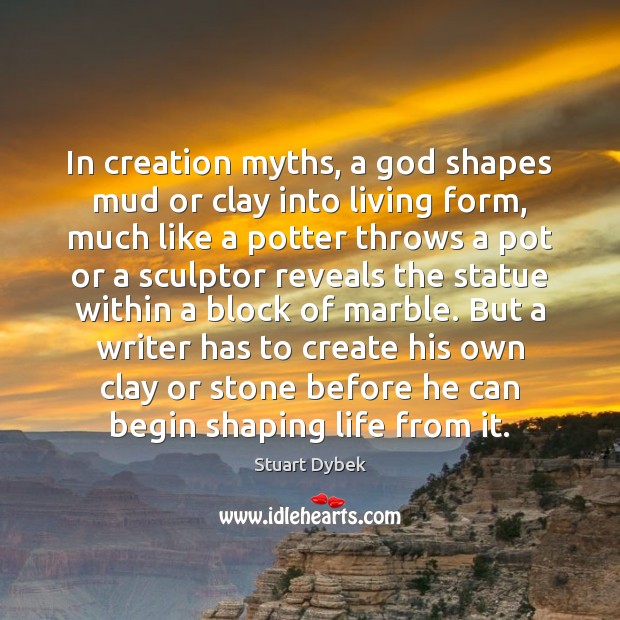 In creation myths, a God shapes mud or clay into living form, Image