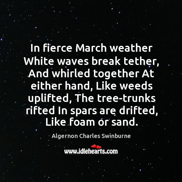 In fierce March weather White waves break tether, And whirled together At Algernon Charles Swinburne Picture Quote