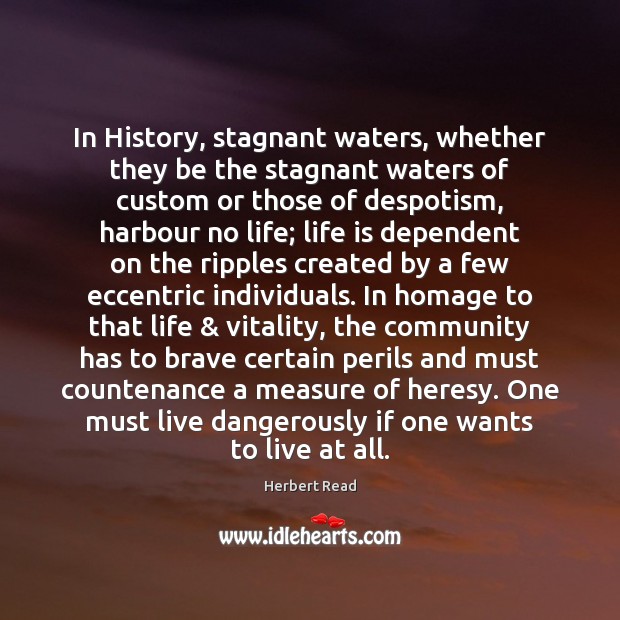 In History, stagnant waters, whether they be the stagnant waters of custom Herbert Read Picture Quote