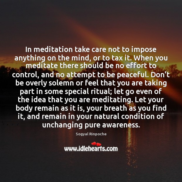 In meditation take care not to impose anything on the mind, or Sogyal Rinpoche Picture Quote