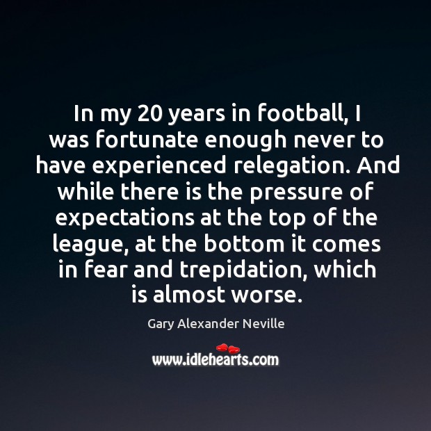 In my 20 years in football, I was fortunate enough never to have experienced relegation. Gary Alexander Neville Picture Quote