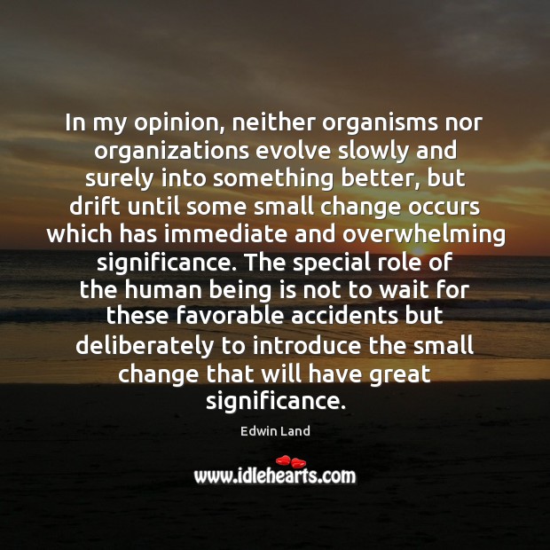 In my opinion, neither organisms nor organizations evolve slowly and surely into Edwin Land Picture Quote