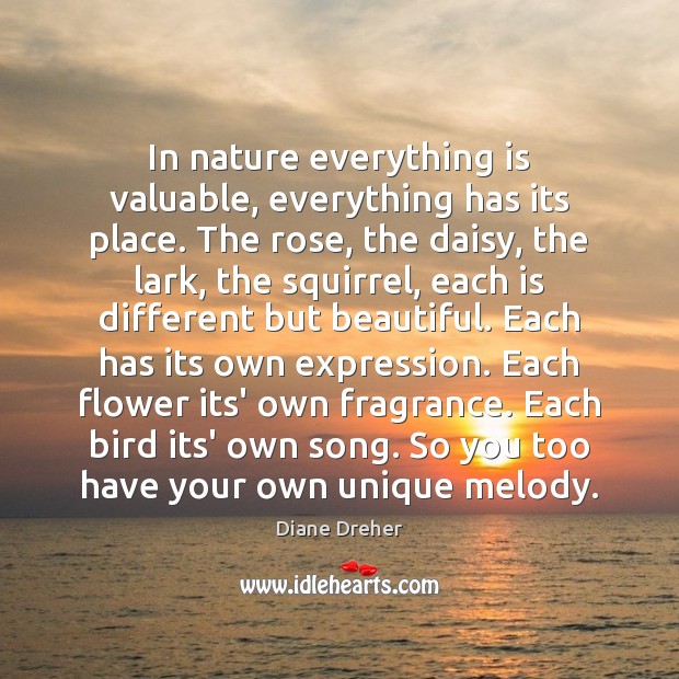 In nature everything is valuable, everything has its place. The rose, the Diane Dreher Picture Quote