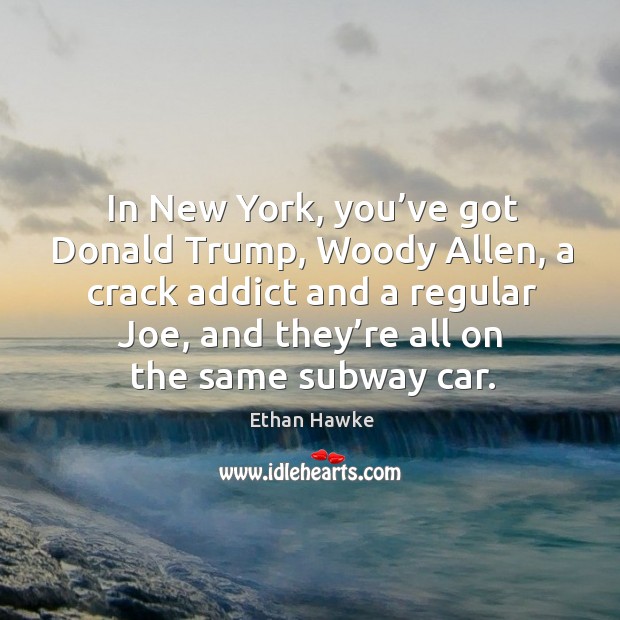 In new york, you’ve got donald trump, woody allen, a crack addict and a regular joe, and they’re all on the same subway car. Ethan Hawke Picture Quote