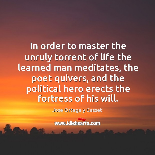 In order to master the unruly torrent of life the learned man meditates, the poet quivers Jose Ortega y Gasset Picture Quote