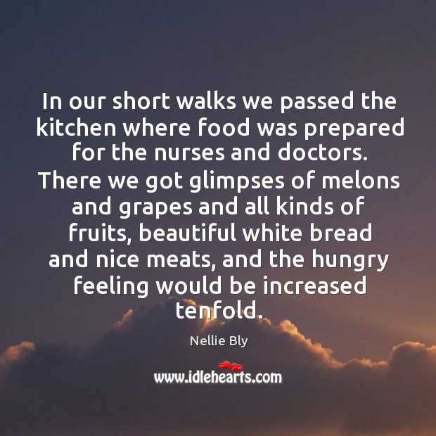 In our short walks we passed the kitchen where food was prepared for the nurses and doctors. Nellie Bly Picture Quote