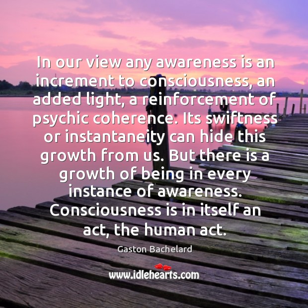 In our view any awareness is an increment to consciousness, an added Gaston Bachelard Picture Quote