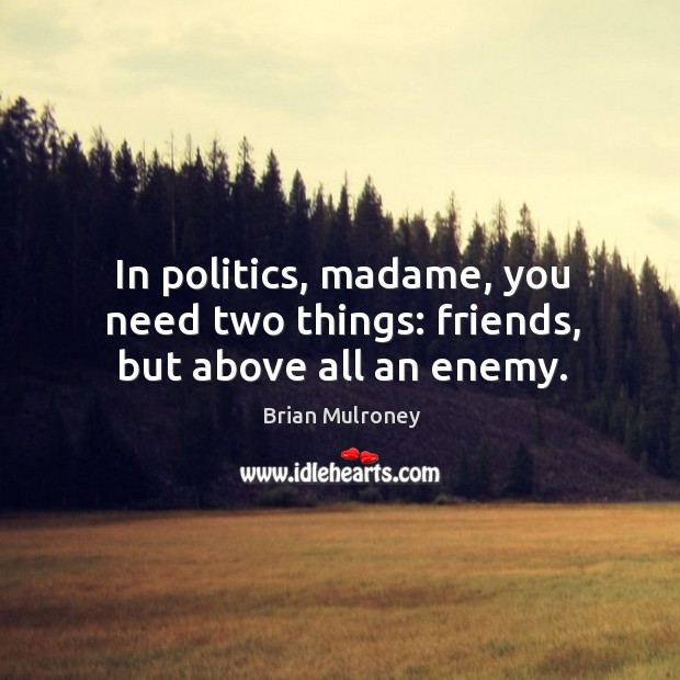 In politics, madame, you need two things: friends, but above all an enemy. Brian Mulroney Picture Quote