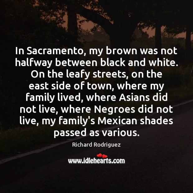 In Sacramento, my brown was not halfway between black and white. On Richard Rodriguez Picture Quote