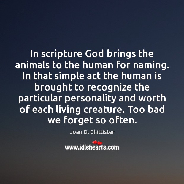 In scripture God brings the animals to the human for naming. In Joan D. Chittister Picture Quote